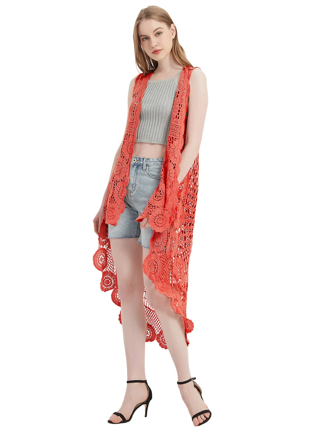 Womens Hippie Bohemian Floral Crochet Lace Trim Sleeveless Vest Cardigan