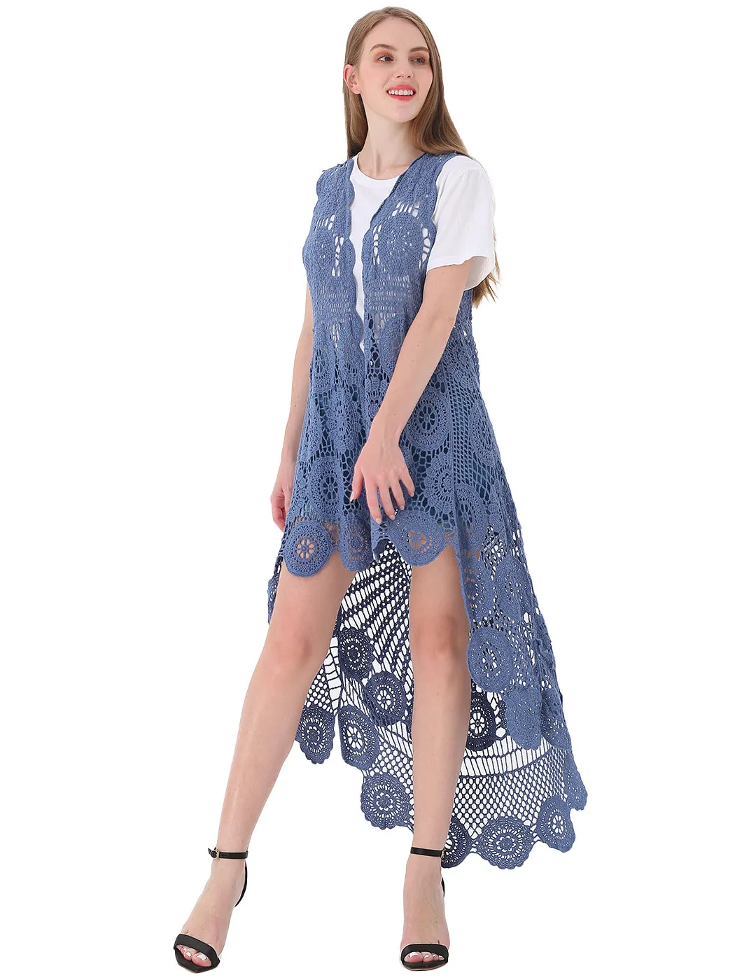 Womens Hippie Bohemian Floral Crochet Lace Trim Sleeveless Vest Cardigan