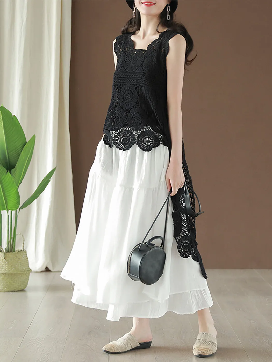Womens Hippie Bohemian Floral Crochet Lace Trim Sleeveless Vest Cardigan