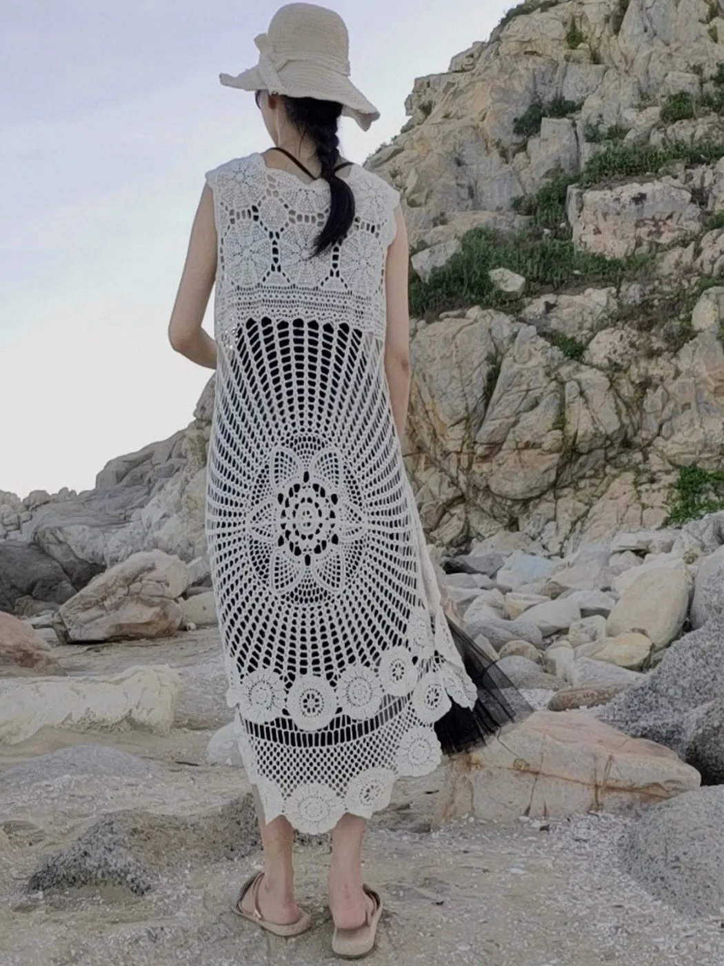 Womens Hippie Bohemian Floral Crochet Lace Trim Sleeveless Vest Cardigan