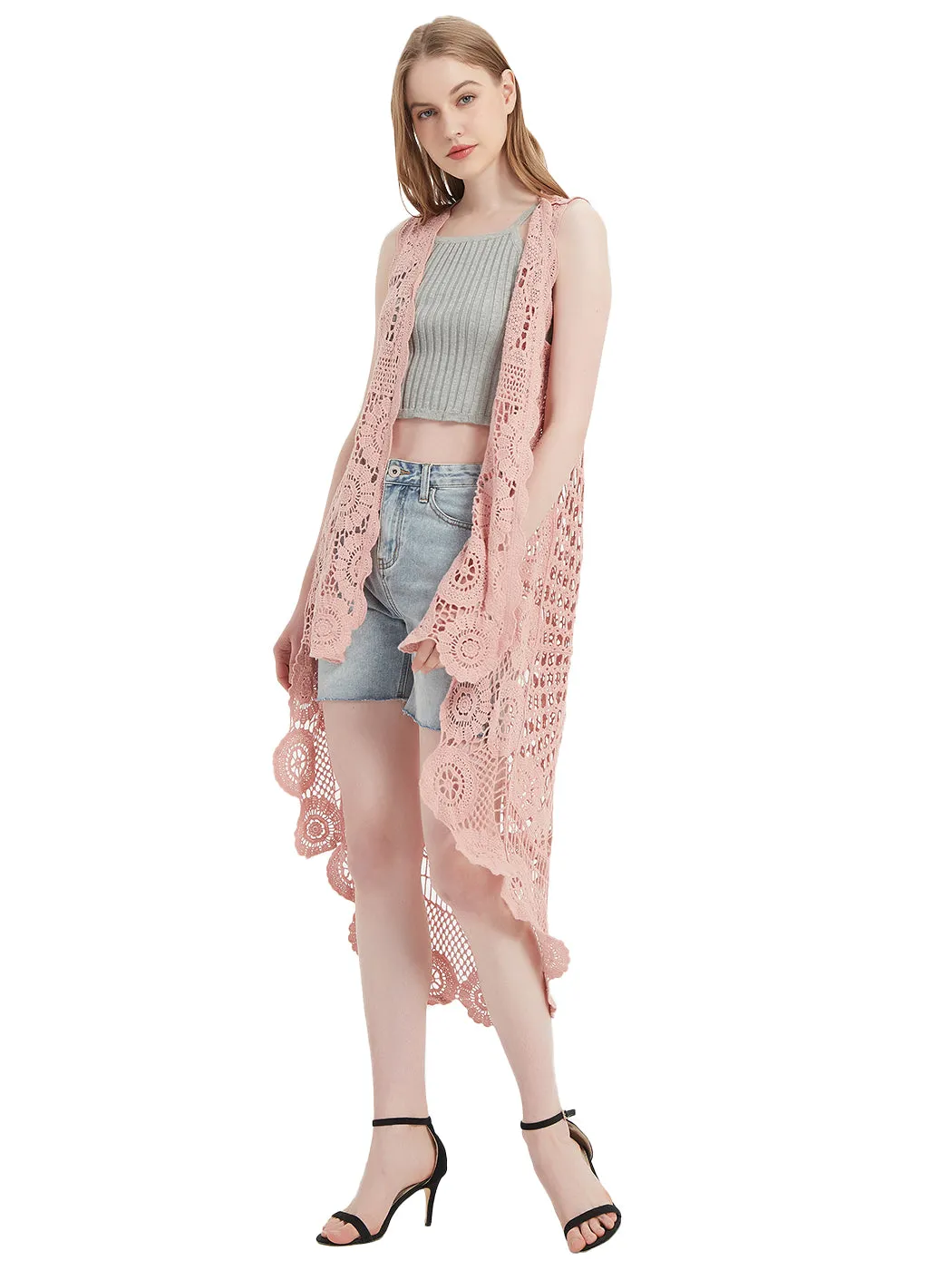 Womens Hippie Bohemian Floral Crochet Lace Trim Sleeveless Vest Cardigan