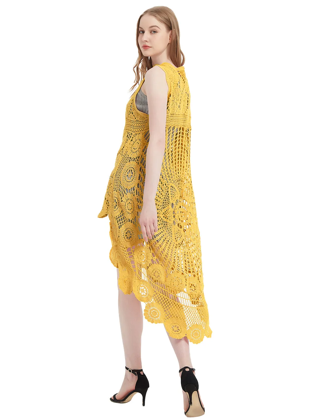 Womens Hippie Bohemian Floral Crochet Lace Trim Sleeveless Vest Cardigan