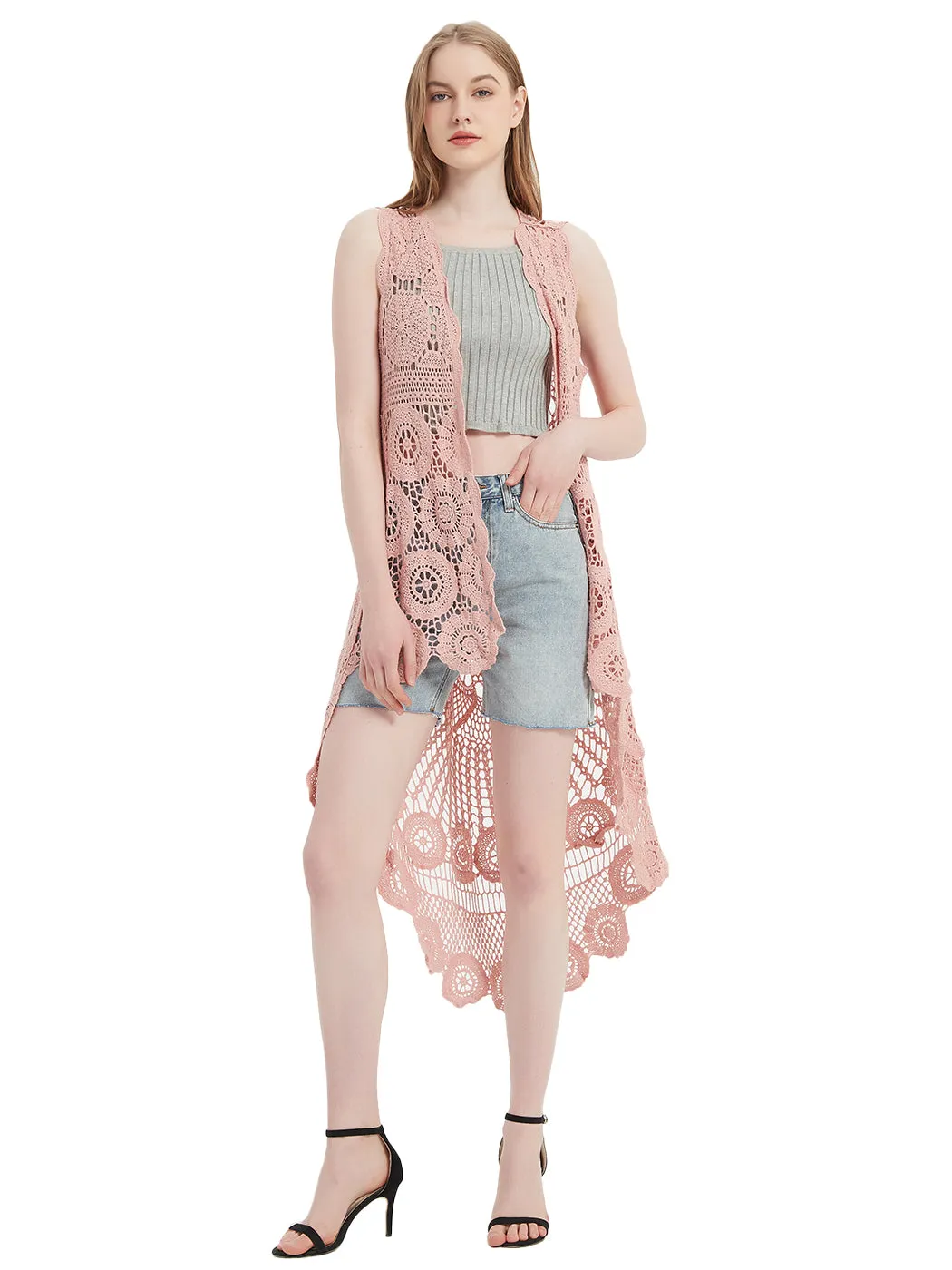 Womens Hippie Bohemian Floral Crochet Lace Trim Sleeveless Vest Cardigan