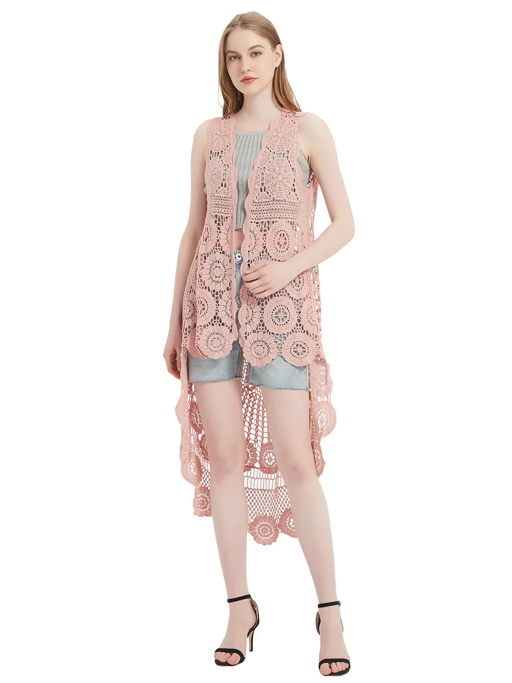 Womens Hippie Bohemian Floral Crochet Lace Trim Sleeveless Vest Cardigan