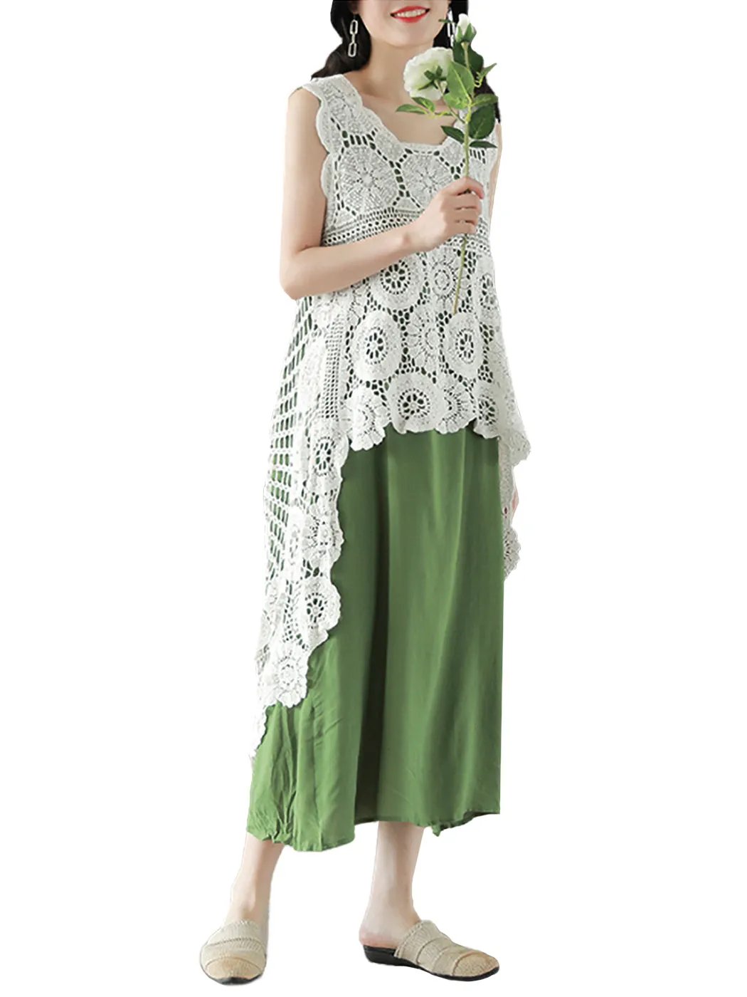Womens Hippie Bohemian Floral Crochet Lace Trim Sleeveless Vest Cardigan