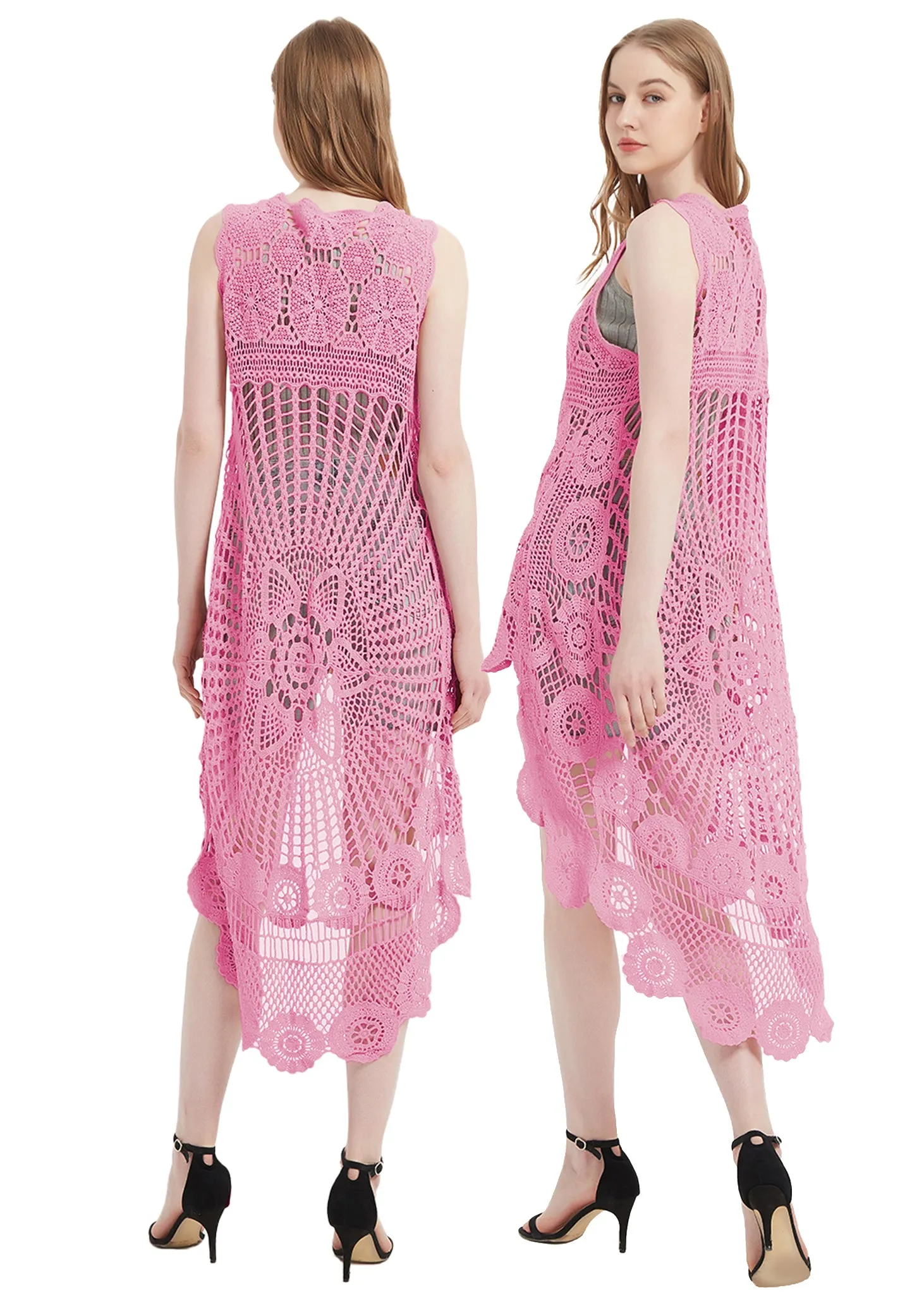Womens Hippie Bohemian Floral Crochet Lace Trim Sleeveless Vest Cardigan
