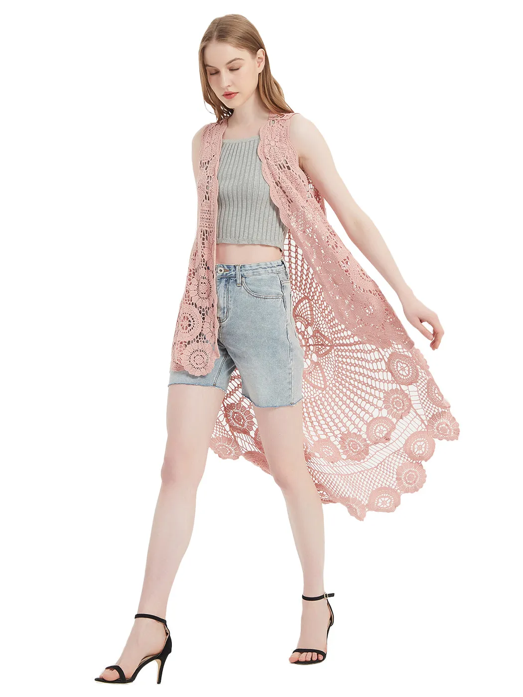 Womens Hippie Bohemian Floral Crochet Lace Trim Sleeveless Vest Cardigan