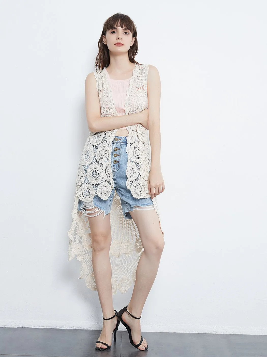 Womens Hippie Bohemian Floral Crochet Lace Trim Sleeveless Vest Cardigan