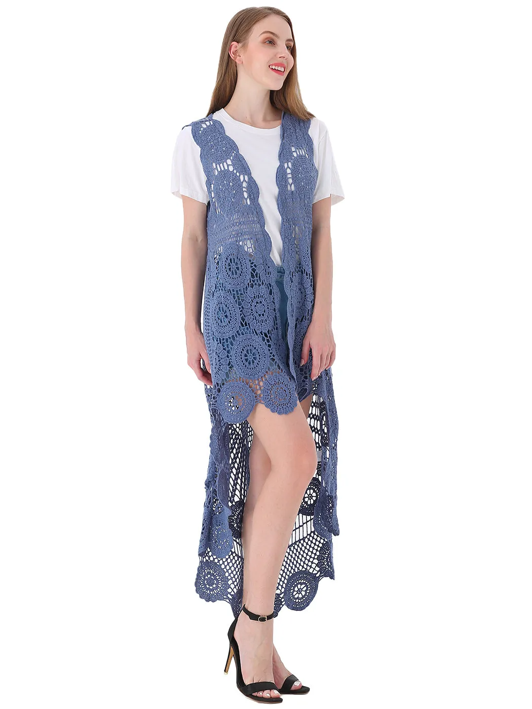 Womens Hippie Bohemian Floral Crochet Lace Trim Sleeveless Vest Cardigan