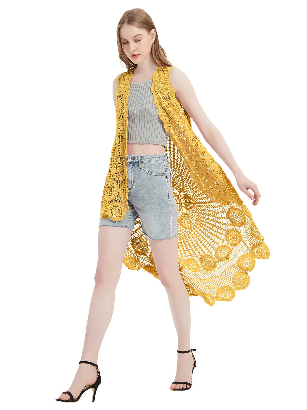 Womens Hippie Bohemian Floral Crochet Lace Trim Sleeveless Vest Cardigan