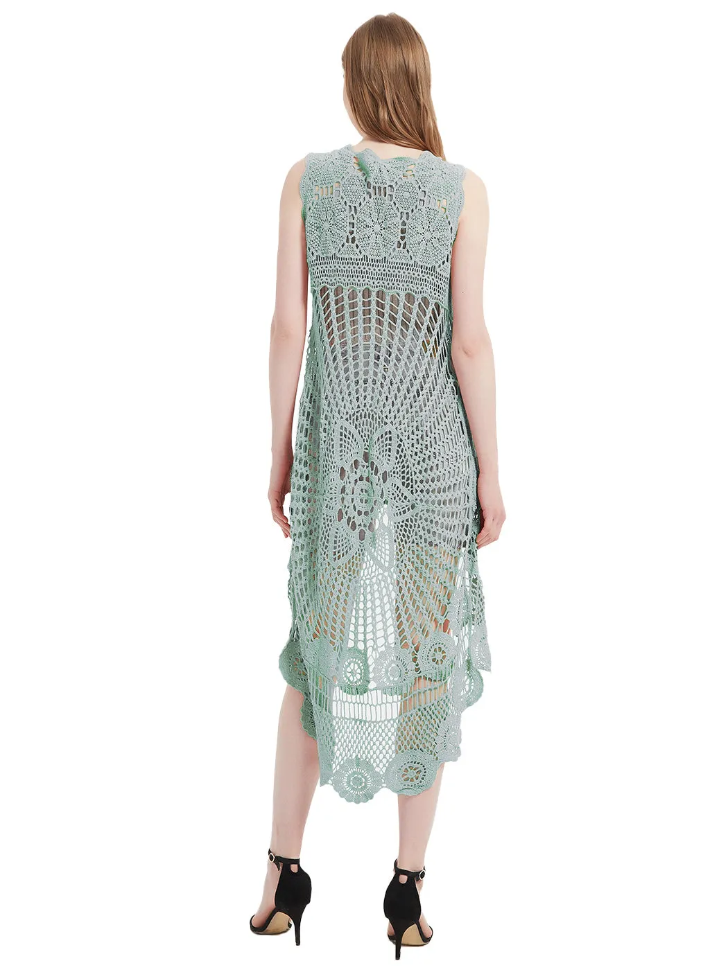 Womens Hippie Bohemian Floral Crochet Lace Trim Sleeveless Vest Cardigan