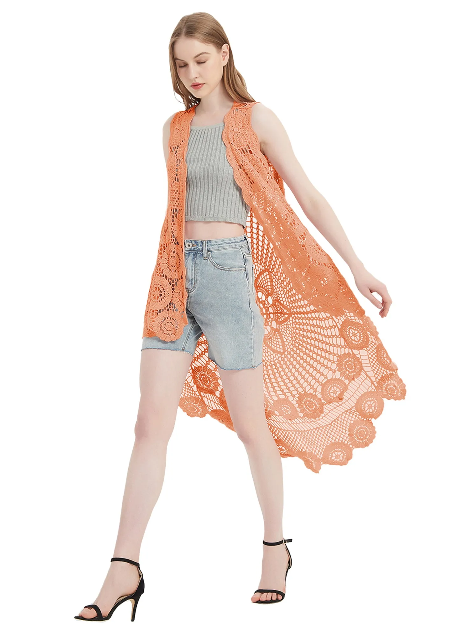 Womens Hippie Bohemian Floral Crochet Lace Trim Sleeveless Vest Cardigan