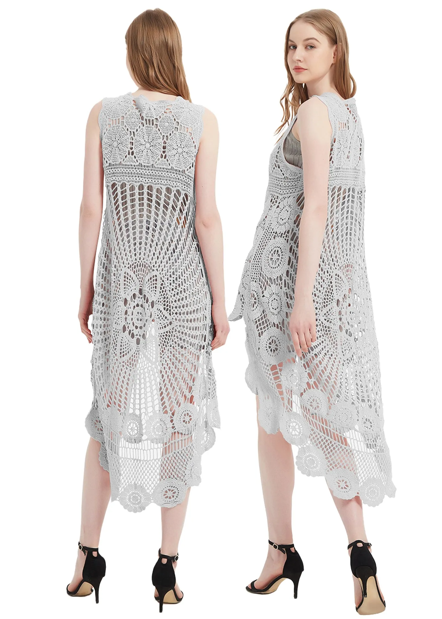 Womens Hippie Bohemian Floral Crochet Lace Trim Sleeveless Vest Cardigan