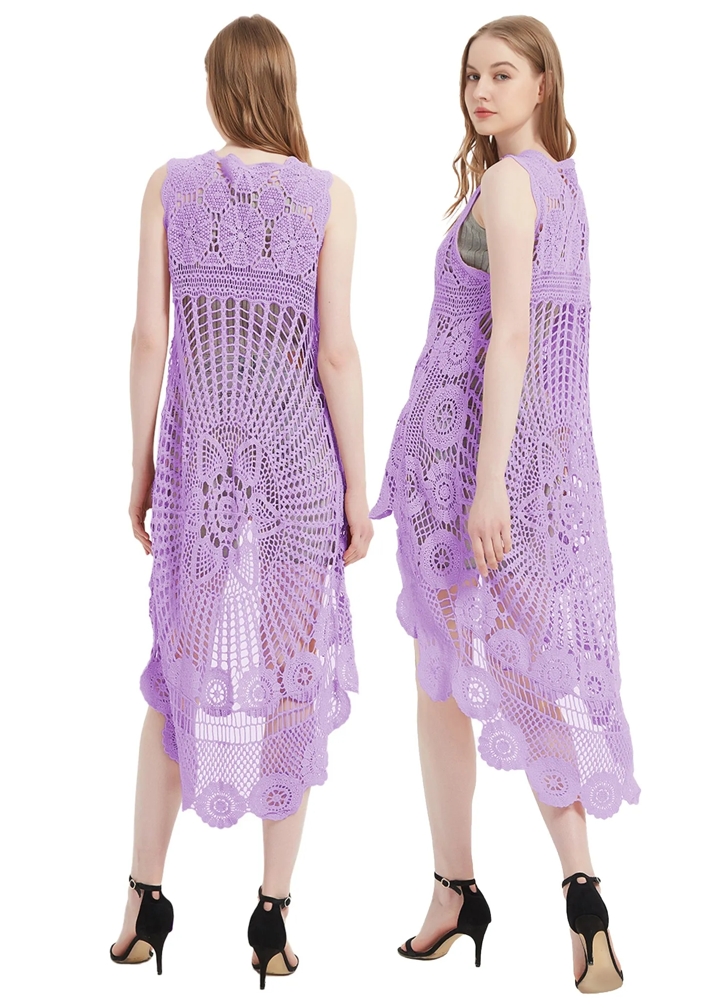 Womens Hippie Bohemian Floral Crochet Lace Trim Sleeveless Vest Cardigan