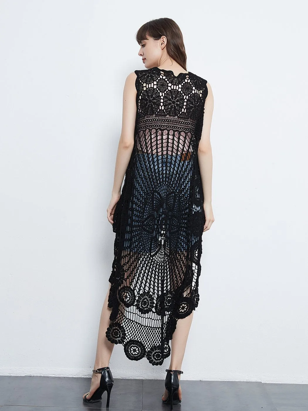 Womens Hippie Bohemian Floral Crochet Lace Trim Sleeveless Vest Cardigan