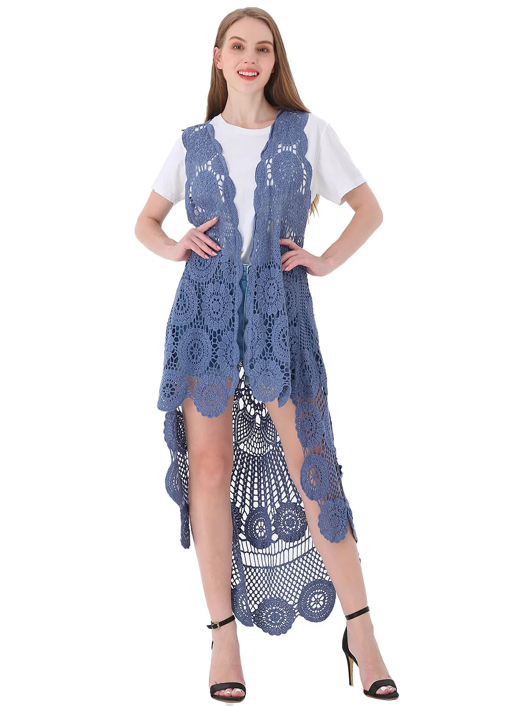Womens Hippie Bohemian Floral Crochet Lace Trim Sleeveless Vest Cardigan