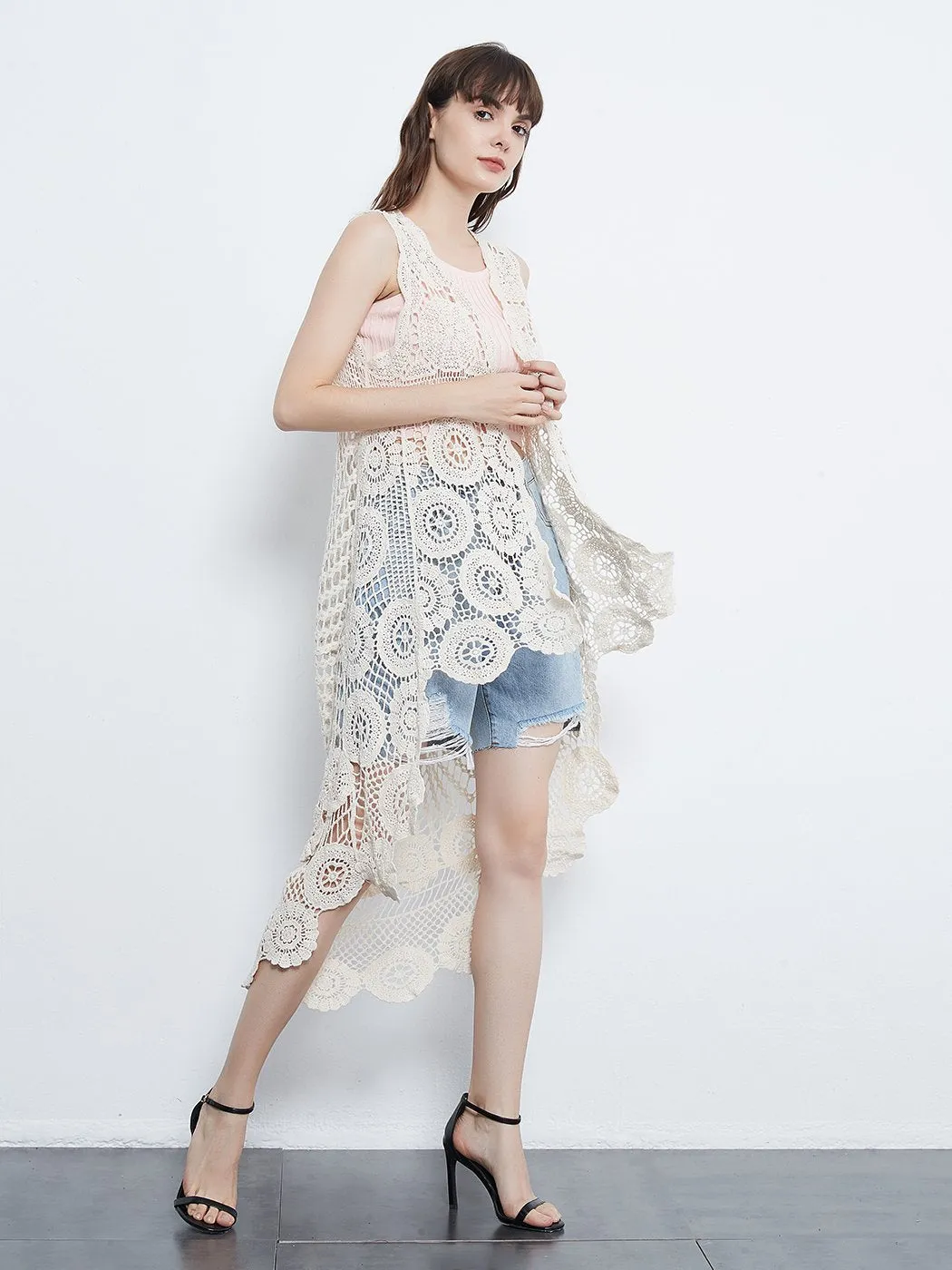 Womens Hippie Bohemian Floral Crochet Lace Trim Sleeveless Vest Cardigan