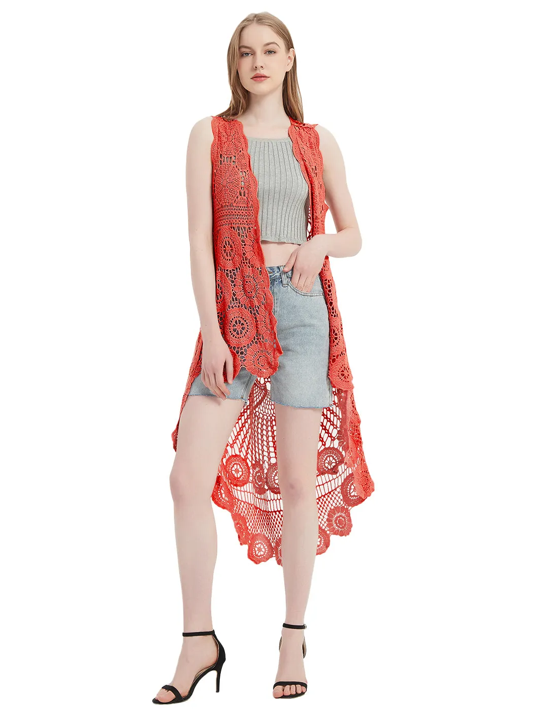 Womens Hippie Bohemian Floral Crochet Lace Trim Sleeveless Vest Cardigan