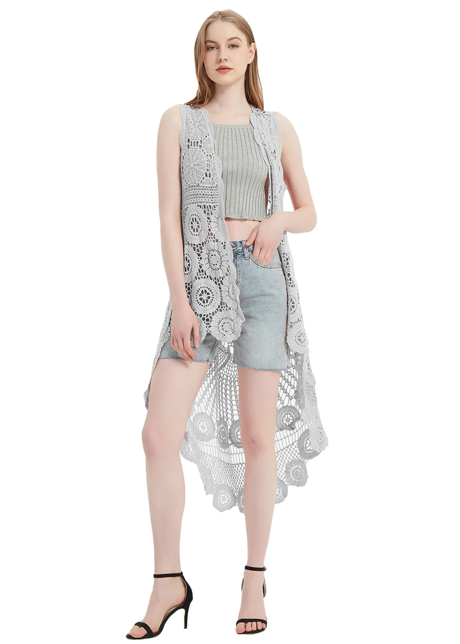 Womens Hippie Bohemian Floral Crochet Lace Trim Sleeveless Vest Cardigan