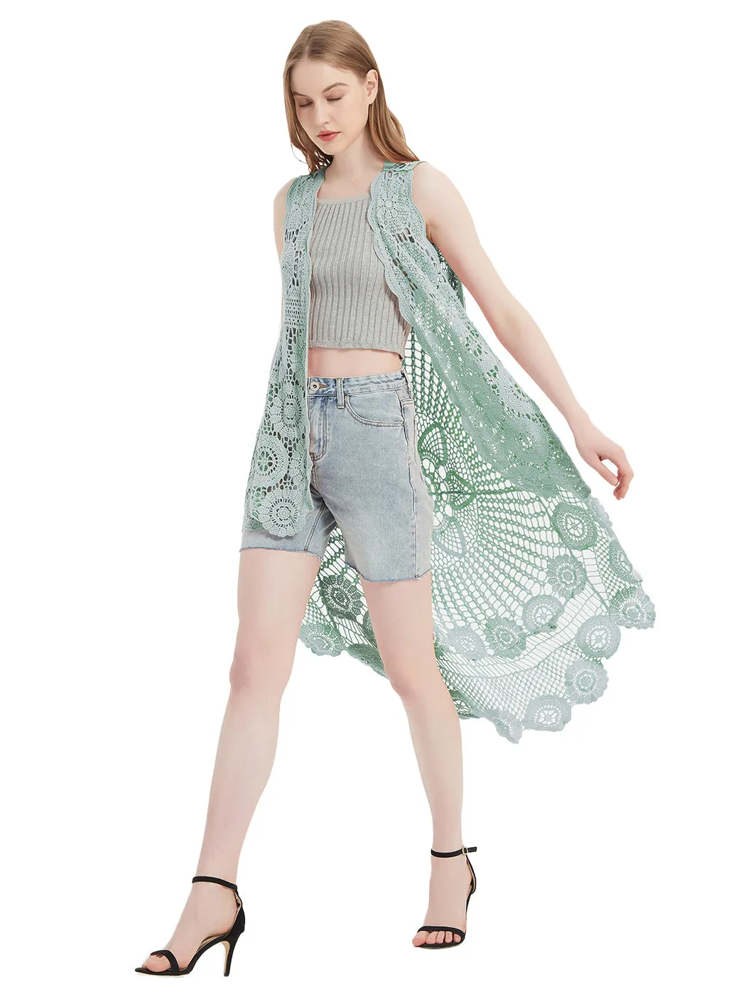 Womens Hippie Bohemian Floral Crochet Lace Trim Sleeveless Vest Cardigan