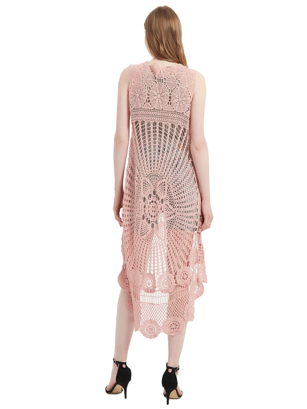 Womens Hippie Bohemian Floral Crochet Lace Trim Sleeveless Vest Cardigan