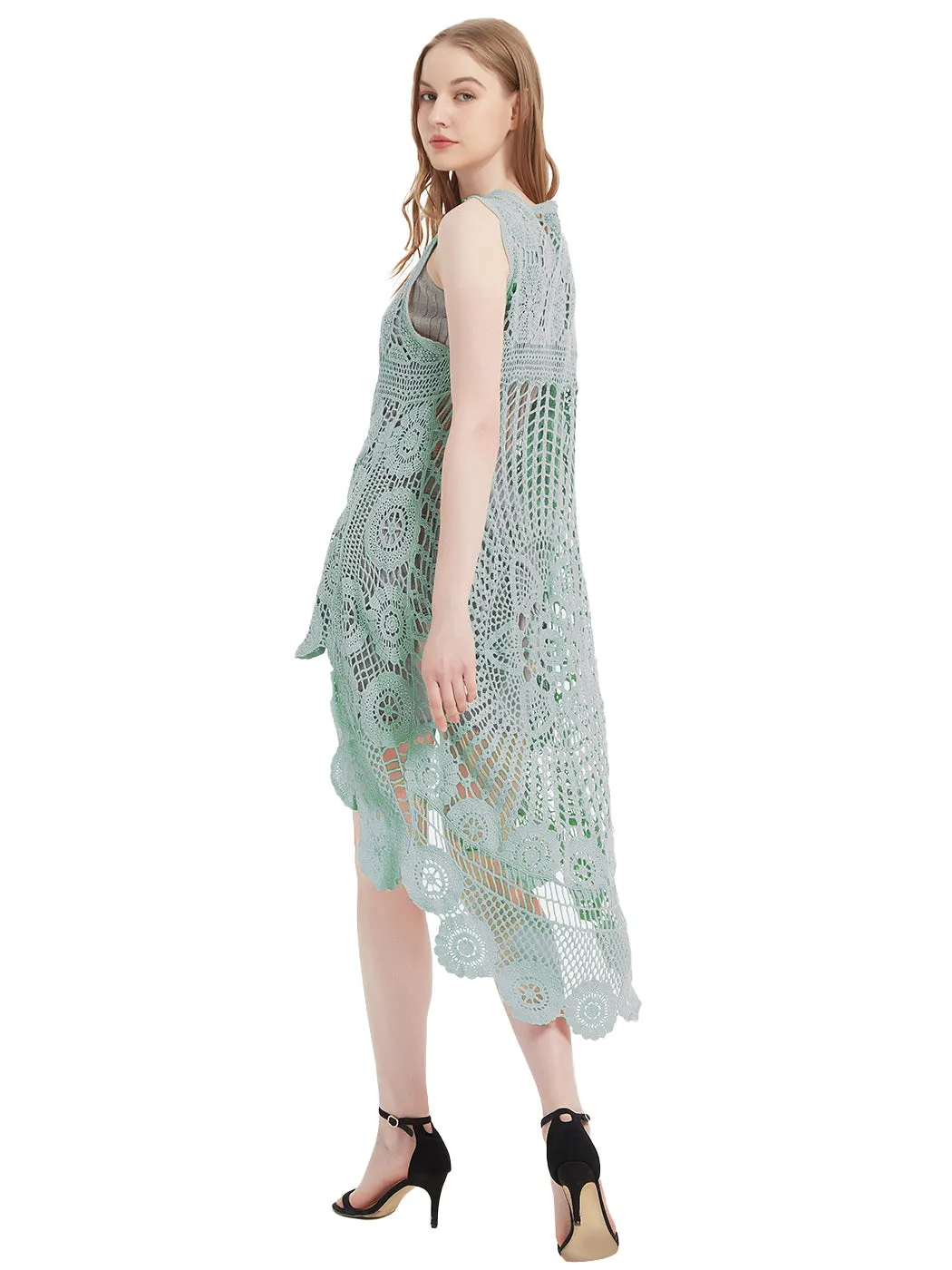 Womens Hippie Bohemian Floral Crochet Lace Trim Sleeveless Vest Cardigan
