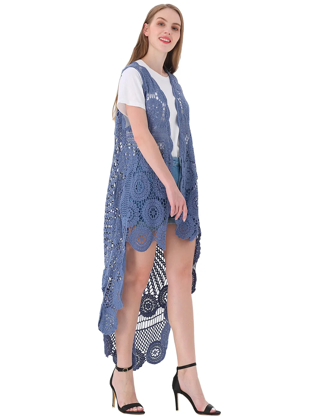 Womens Hippie Bohemian Floral Crochet Lace Trim Sleeveless Vest Cardigan