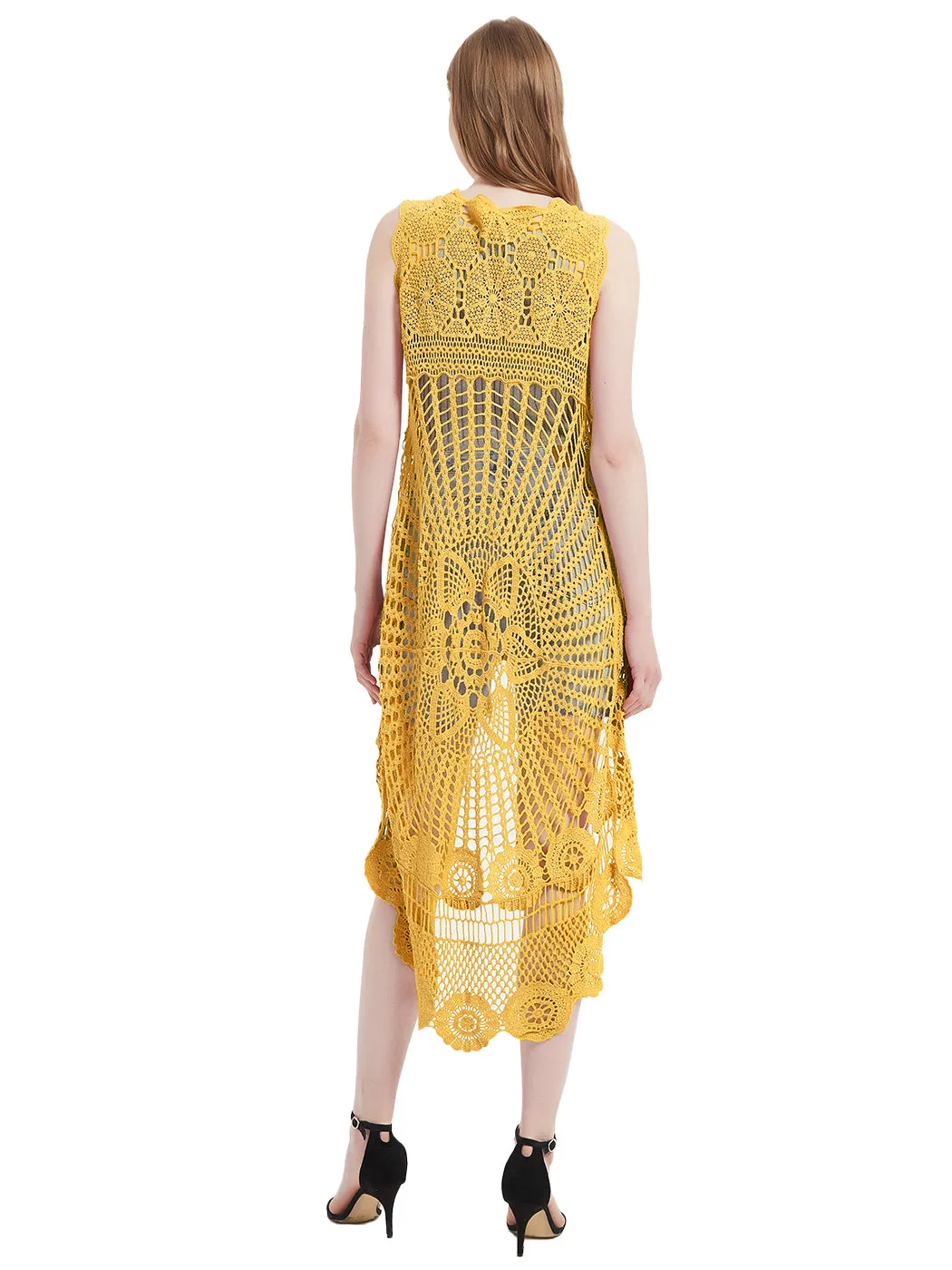 Womens Hippie Bohemian Floral Crochet Lace Trim Sleeveless Vest Cardigan