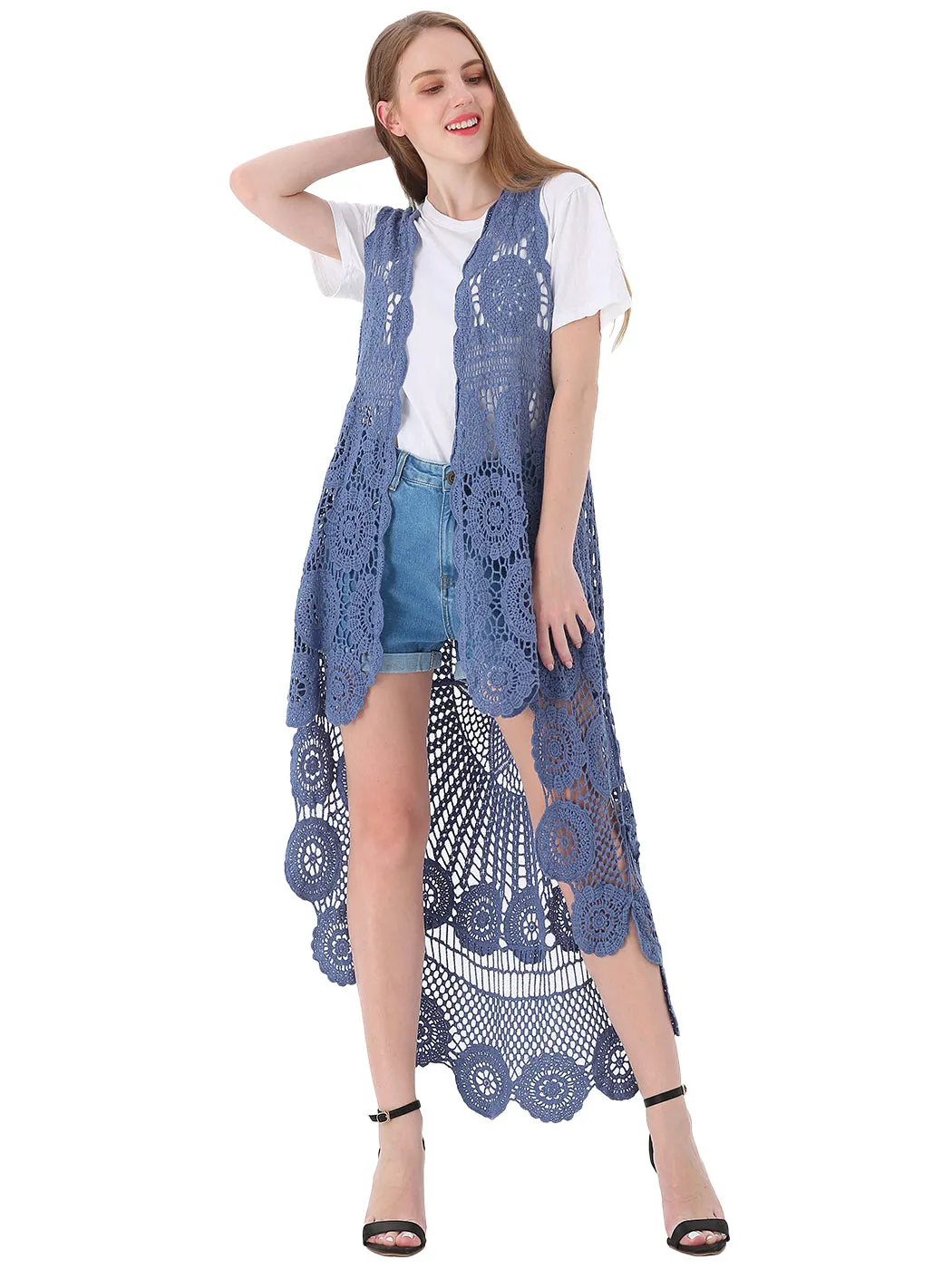 Womens Hippie Bohemian Floral Crochet Lace Trim Sleeveless Vest Cardigan