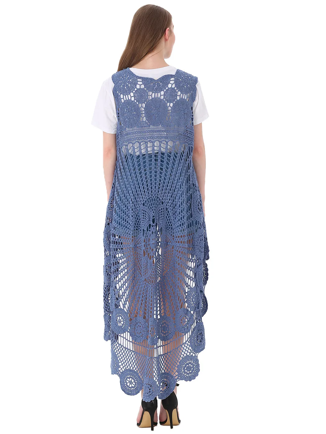 Womens Hippie Bohemian Floral Crochet Lace Trim Sleeveless Vest Cardigan