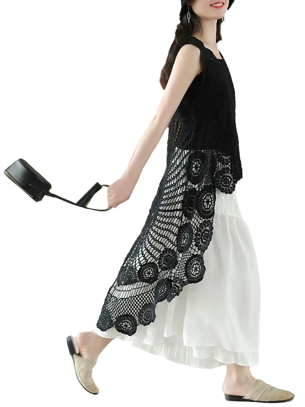 Womens Hippie Bohemian Floral Crochet Lace Trim Sleeveless Vest Cardigan