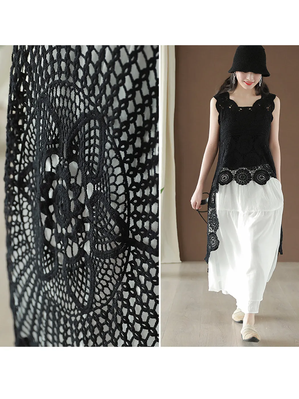 Womens Hippie Bohemian Floral Crochet Lace Trim Sleeveless Vest Cardigan