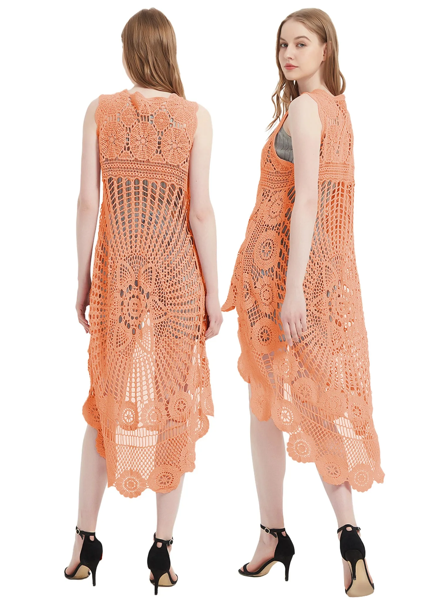 Womens Hippie Bohemian Floral Crochet Lace Trim Sleeveless Vest Cardigan