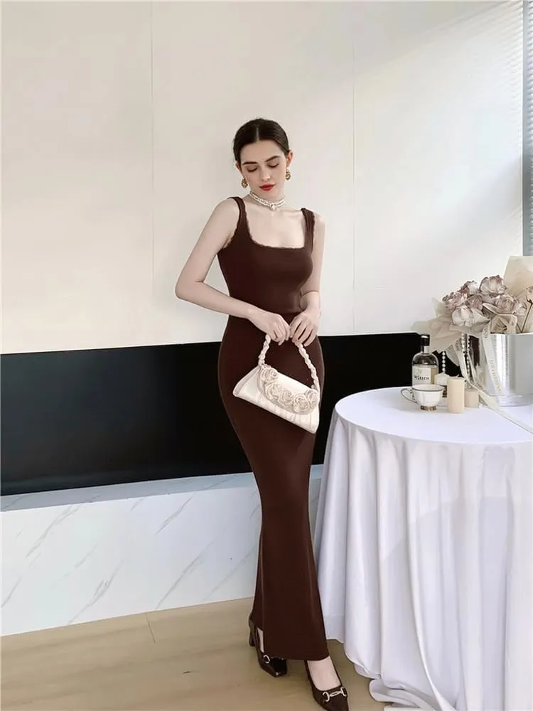 Women's Mermaid Bodycon Halter Mixi Dress Elegant Kintted Dress for Party Wedding Guest Evening Club