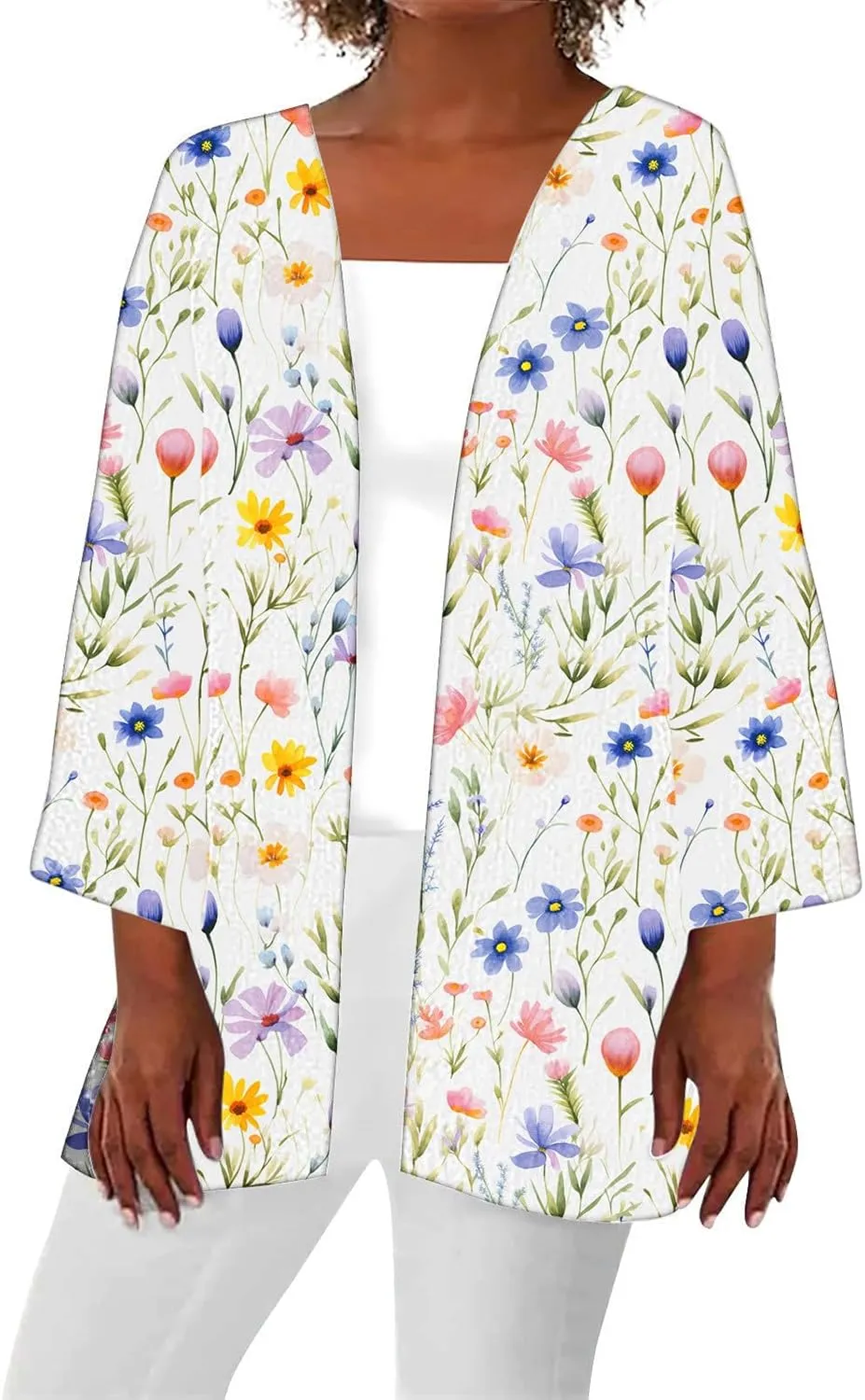 Women's Open Front Cardigan 3/4 Sleeve Casual Duster Cardigans Floral Print Jackets Lightweight Shrugs Blouse Tops