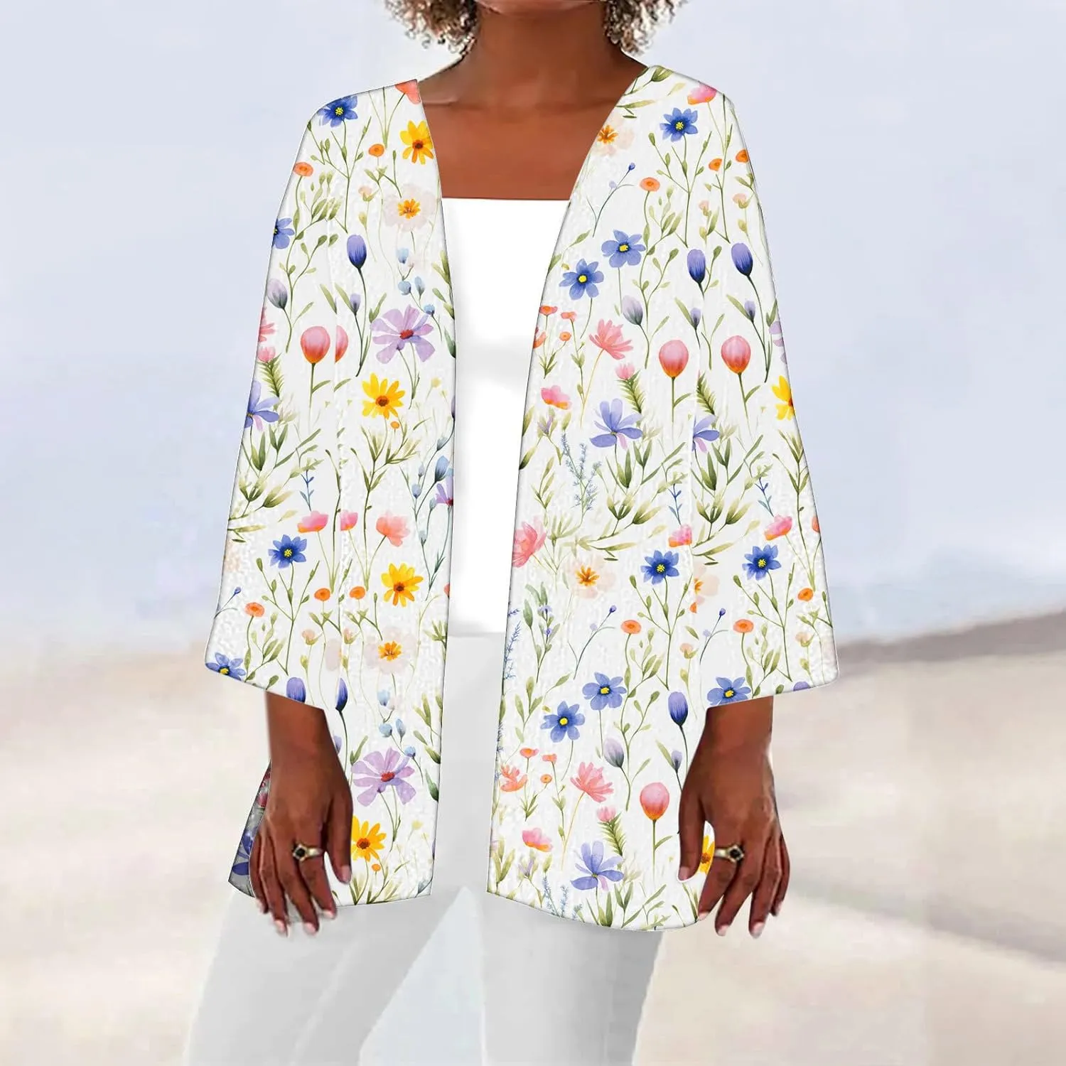 Women's Open Front Cardigan 3/4 Sleeve Casual Duster Cardigans Floral Print Jackets Lightweight Shrugs Blouse Tops