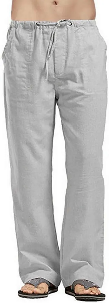 WUAI-Men Linen Pants Plus Size Casual Straight-Legs Stretchy Waist Loose Beach Pants Trousers