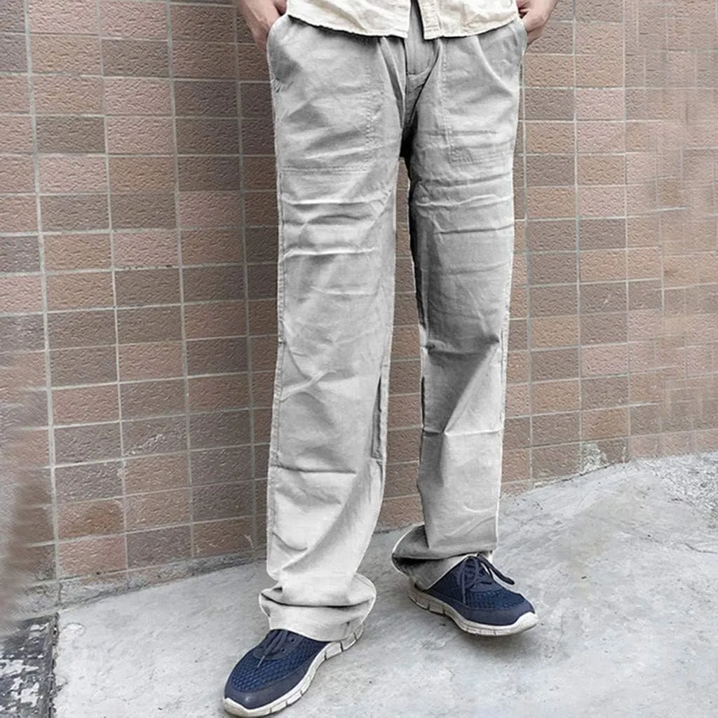 WUAI-Men Linen Pants Plus Size Casual Straight-Legs Stretchy Waist Loose Beach Pants Trousers